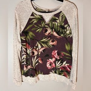 White Birch Floral and Gray Henley Style Lightweight Sweater Sz M